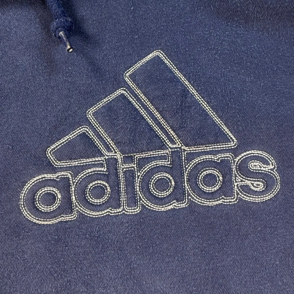 Adidas Mens Vintage Embroidered Logo Hoodie Navy Blue Fleece Pullover Large